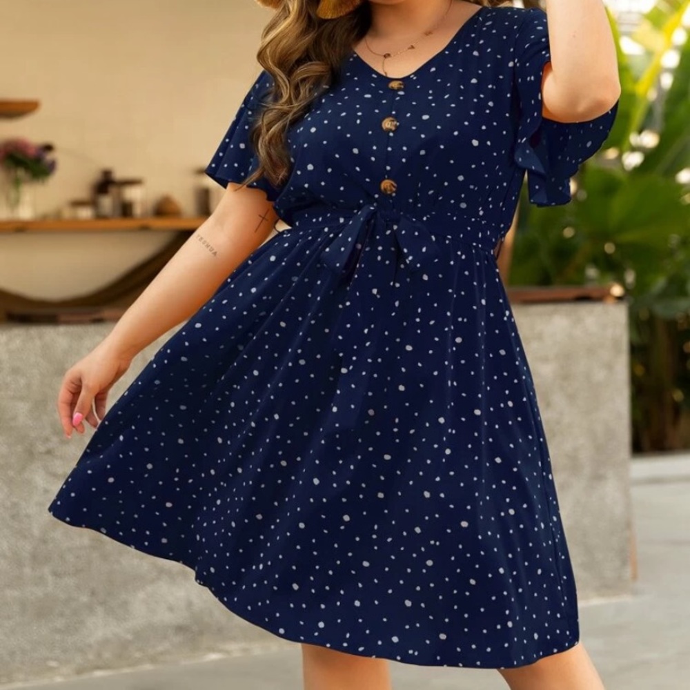 Navy blue and white polka dot dress